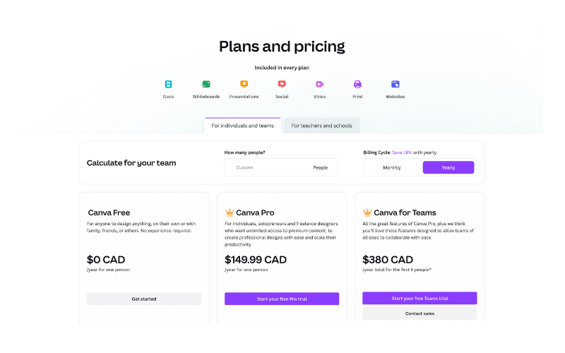 Canva vs. Adobe Photoshop: Canva Price Plan